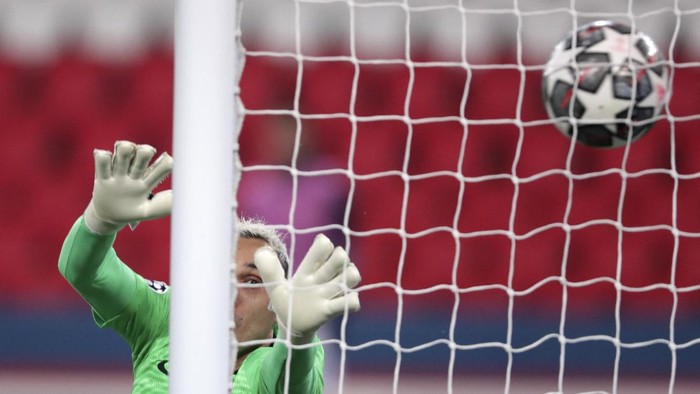 PSGs goalkeeper Keylor Navas fails to make a save during the Champions League semifinal first leg soccer match between Paris Saint Germain and Manchester City at the Parc des Princes stadium, in Paris, France , Wednesday, April 28, 2021. (AP Photo/Thibault Camus)