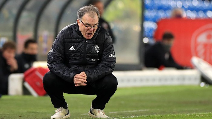 LEEDS, ENGLAND - FEBRUARY 23: Marcelo Bielsa, Manager of Leeds United reacts during the Premier League match between Leeds United and Southampton at Elland Road on February 23, 2021 in Leeds, England. Sporting stadiums around the UK remain under strict restrictions due to the Coronavirus Pandemic as Government social distancing laws prohibit fans inside venues resulting in games being played behind closed doors. (Photo by Mike Egerton - Pool/Getty Images)