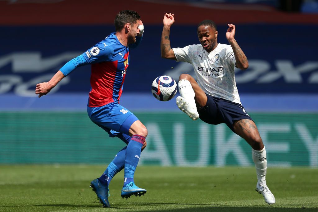 LONDON, ENGLAND - MAY 01: Fernandinho of Manchester City battles for possession with Christian Benteke of Crystal Palace during the Premier League match between Crystal Palace and Manchester City at Selhurst Park on May 01, 2021 in London, England. Sporting stadiums around the UK remain under strict restrictions due to the Coronavirus Pandemic as Government social distancing laws prohibit fans inside venues resulting in games being played behind closed doors. (Photo by Steven Paston - Pool/Getty Images)