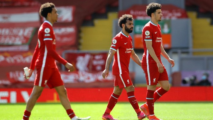 LIVERPOOL, ENGLAND - APRIL 24: Mohamed Salah of Liverpool reacts after the Premier League match between Liverpool and Newcastle United at Anfield on April 24, 2021 in Liverpool, England. Sporting stadiums around the UK remain under strict restrictions due to the Coronavirus Pandemic as Government social distancing laws prohibit fans inside venues resulting in games being played behind closed doors.  (Photo by David Klein - Pool/Getty Images)