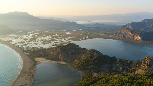 High angle view of Iztuzu beach with Dalyan Delta and Koycegiz lakes, Dalyan, Mugla, Turkey