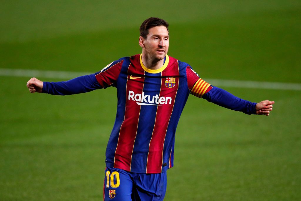 BARCELONA, SPAIN - APRIL 22: Lionel Messi of FC Barcelona celebrates after scoring their sides first goal  during the La Liga Santander match between FC Barcelona and Getafe CF at Camp Nou on April 22, 2021 in Barcelona, Spain. Sporting stadiums around Spain remain under strict restrictions due to the Coronavirus Pandemic as Government social distancing laws prohibit fans inside venues resulting in games being played behind closed doors.  (Photo by Eric Alonso/Getty Images)