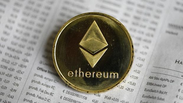 The photo shows a physical imitation of a Ethereum cryptocurrency in Dortmund, western Germany, on January 27, 2020. (Photo by INA FASSBENDER / AFP)