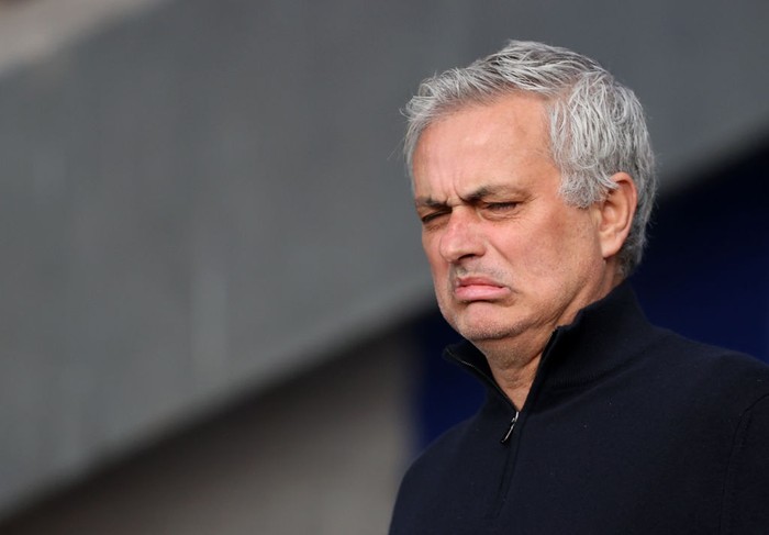 LIVERPOOL, ENGLAND - APRIL 16: Jose Mourinho, Manager of Tottenham Hotspur reacts prior to the Premier League match between Everton and Tottenham Hotspur at Goodison Park on April 16, 2021 in Liverpool, England. Sporting stadiums around the UK remain under strict restrictions due to the Coronavirus Pandemic as Government social distancing laws prohibit fans inside venues resulting in games being played behind closed doors. (Photo by Clive Brunskill/Getty Images)