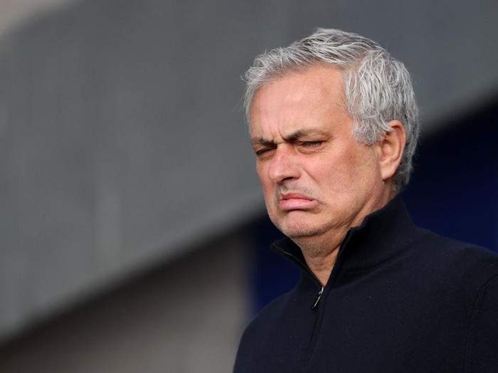 LIVERPOOL, ENGLAND - APRIL 16: Jose Mourinho, Manager of Tottenham Hotspur reacts prior to the Premier League match between Everton and Tottenham Hotspur at Goodison Park on April 16, 2021 in Liverpool, England. Sporting stadiums around the UK remain under strict restrictions due to the Coronavirus Pandemic as Government social distancing laws prohibit fans inside venues resulting in games being played behind closed doors. (Photo by Clive Brunskill/Getty Images)