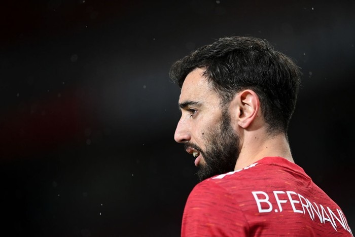 MANCHESTER, ENGLAND - APRIL 29: Bruno Fernandes of Manchester United looks on during the UEFA Europa League Semi-final First Leg match between Manchester United and AS Roma at Old Trafford on April 29, 2021 in Manchester, England. Sporting stadiums around Europe remain under strict restrictions due to the Coronavirus Pandemic as Government social distancing laws prohibit fans inside venues resulting in games being played behind closed doors. (Photo by Michael Regan/Getty Images)
