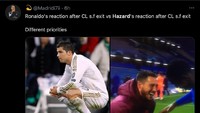 Reaksi Hazard dibanding-bandingkan dengan Cristiano Ronaldo, eks pemain Madrid. CR7 terlihat lesu saat tersingkir dari Liga Champions, sementara Hazard malah asyik tertawa. (Foto: Twitter @Madridi7ii)