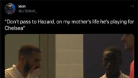 Apakah Karim Benzema juga tak percaya kalau Hazard kini sudah berseragam Madrid? (Foto: Twitter @UTDMoh_)