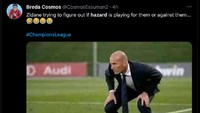 Ada olok-olok Zidane masih tak percaya Hazard kini membela Madrid. Jangan-jangan masih membela Chelsea, nih. (Foto: Twitter @CosmosEssuman2)