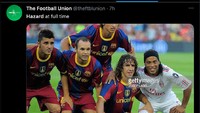 Atau mungkin seperti momen Ronaldinho foto bareng Barcelona, setelah memutuskan pindah ke AC Milan. Hazard di Chelsea memang begitu bersinar, dengan mampu bikin 110 gol dan menyumbang dua trofi Premier League dan Liga Europa. (Foto: Twitter @theftblunion)