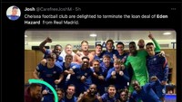 Mungkin begini gambaran Hazard ikut selebrasi di ruang ganti Chelsea. (Foto: Twitter @CarefreeJoshM)