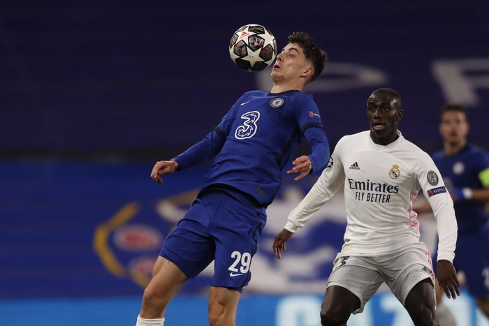 Chelseas Kai Havertz controls the ball during the Champions League semifinal 2nd leg soccer match between Chelsea and Real Madrid at Stamford Bridge in London, Wednesday, May 5, 2021. (AP Photo/Alastair Grant)