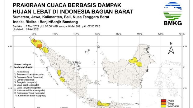 Prakiraan cuaca soal potensi hujan lebat pada Jumat-Sabtu (7-8/5) (dok BMKG)