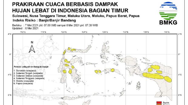Prakiraan cuaca soal potensi hujan lebat pada Jumat-Sabtu (7-8/5) (dok BMKG)