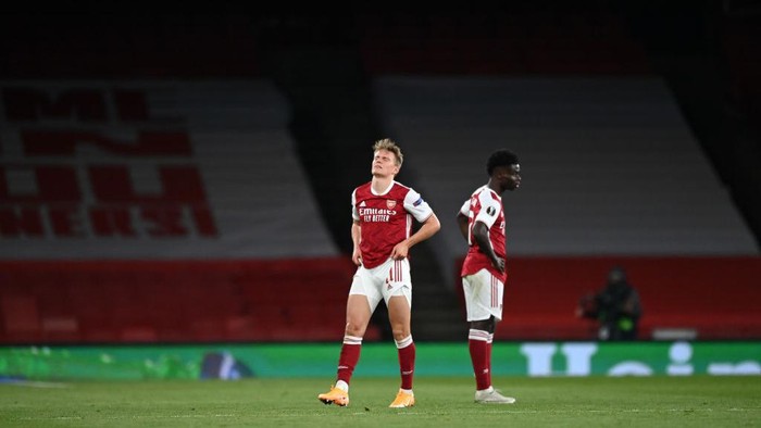 LONDON, ENGLAND - MAY 06: Martin Odegaard of Arsenal reacts during the UEFA Europa League Semi-final Second Leg match between Arsenal and Villareal CF at Emirates Stadium on May 06, 2021 in London, England. Sporting stadiums around Europe remain under strict restrictions due to the Coronavirus Pandemic as Government social distancing laws prohibit fans inside venues resulting in games being played behind closed doors. (Photo by Shaun Botterill/Getty Images)