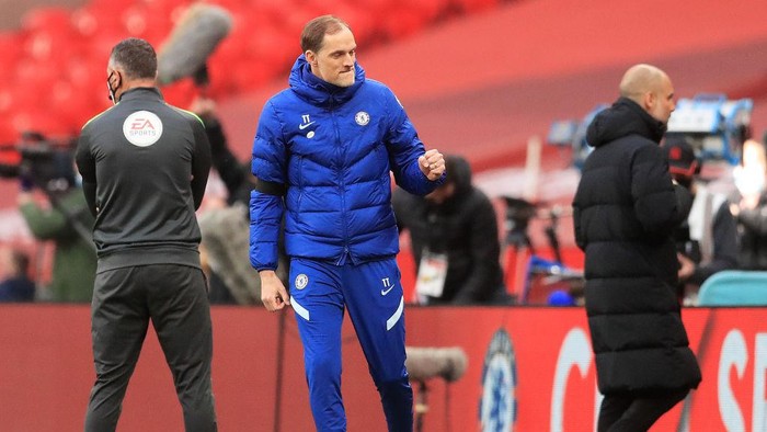 LONDON, ENGLAND - APRIL 17: Thomas Tuchel, Manager of Chelsea celebrates following his teams victory in the Semi Final of the Emirates FA Cup match between Manchester City and Chelsea FC at Wembley Stadium on April 17, 2021 in London, England. Sporting stadiums around the UK remain under strict restrictions due to the Coronavirus Pandemic as Government social distancing laws prohibit fans inside venues resulting in games being played behind closed doors.  (Photo by Adam Davy - Pool/Getty Images)