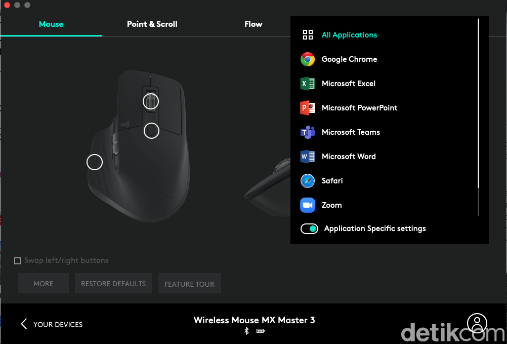 Tampilan Logitech Option untuk MX Master 3