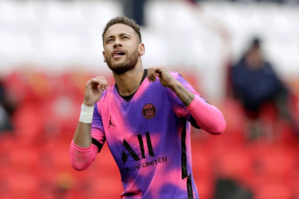 PSG's Neymar celebrates after scoring his side's first goal during the French League One soccer match between Paris Saint-Germain and Lens at the Parc des Princes stadium in Paris, France, Saturday, May 1, 2021. (AP Photo/Thibault Camus)