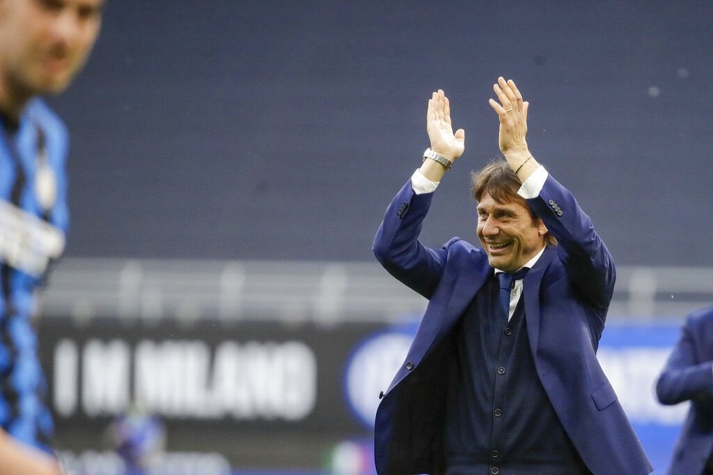 Antonio Conte Inter Milan's head coach Antonio Conte celebrates at the end of a Serie A soccer match between Inter Milan and Sampdoria, at Milan's San Siro stadium, Saturday, May 8, 2021. (AP Photo/Luca Bruno)