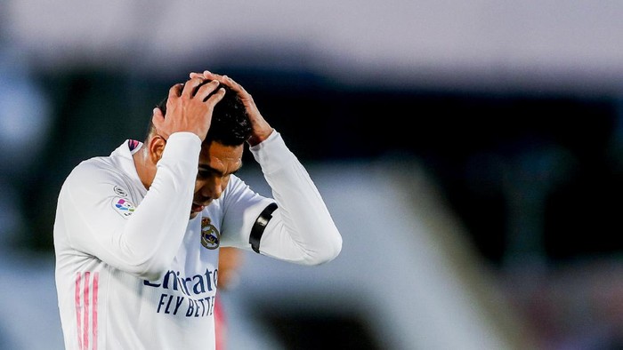 Real Madrids Casemiro reacts during the Spanish La Liga soccer match between Real Madrid and Sevilla at the Alfredo di Stefano stadium in Madrid, Spain, Sunday, May 9, 2021. (AP Photo/Manu Fernandez)