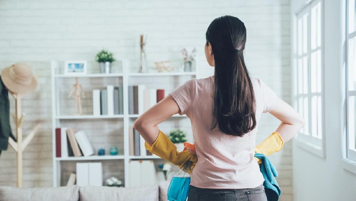 Ilustrasi Bersihkan Rumah back view of asian housekeeper looking at the clean living room after she tidied up. young wife finished house chores putting hands in waist watching the bookshelf beside the sunlight window. cara mudah