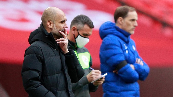 LONDON, ENGLAND - APRIL 17: Pep Guardiola, Manager of Manchester City looks on during the Semi Final of the Emirates FA Cup match between Manchester City and Chelsea FC at Wembley Stadium on April 17, 2021 in London, England. Sporting stadiums around the UK remain under strict restrictions due to the Coronavirus Pandemic as Government social distancing laws prohibit fans inside venues resulting in games being played behind closed doors. (Photo by Ian Walton - Pool/Getty Images)