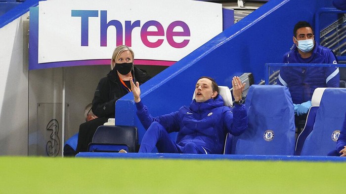 Chelseas head coach Thomas Tuchel gestures during the English Premier League soccer match between Chelsea and Arsenal at Stamford Bridge stadium in London, England, Wednesday, May 12, 2021. (Catherine Ivil, Pool via AP)