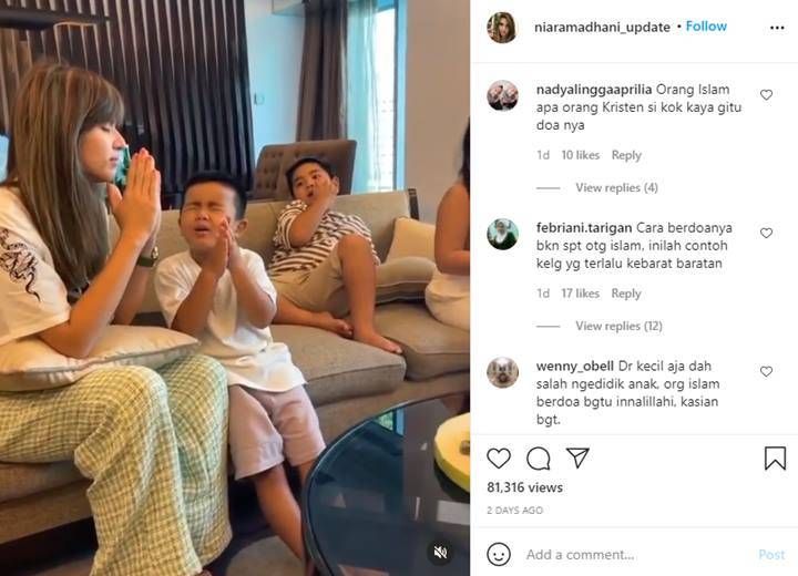 Cara Nia Ramadhani mengajarkan anaknya berdoa.