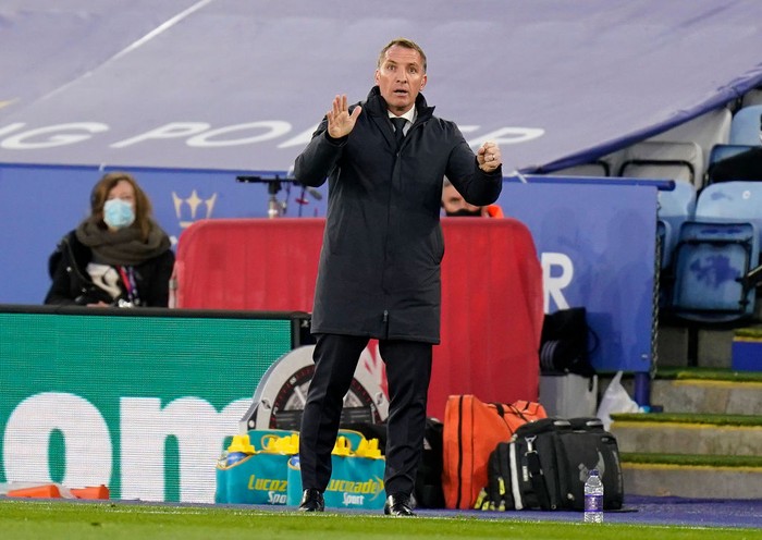 LEICESTER, ENGLAND - APRIL 22: Brendan Rogers, Manager of Leicester City reacts during the Premier League match between Leicester City and West Bromwich Albion at The King Power Stadium on April 22, 2021 in Leicester, England. Sporting stadiums around the UK remain under strict restrictions due to the Coronavirus Pandemic as Government social distancing laws prohibit fans inside venues resulting in games being played behind closed doors.  (Photo by Tim Keeton - Pool/Getty Images)