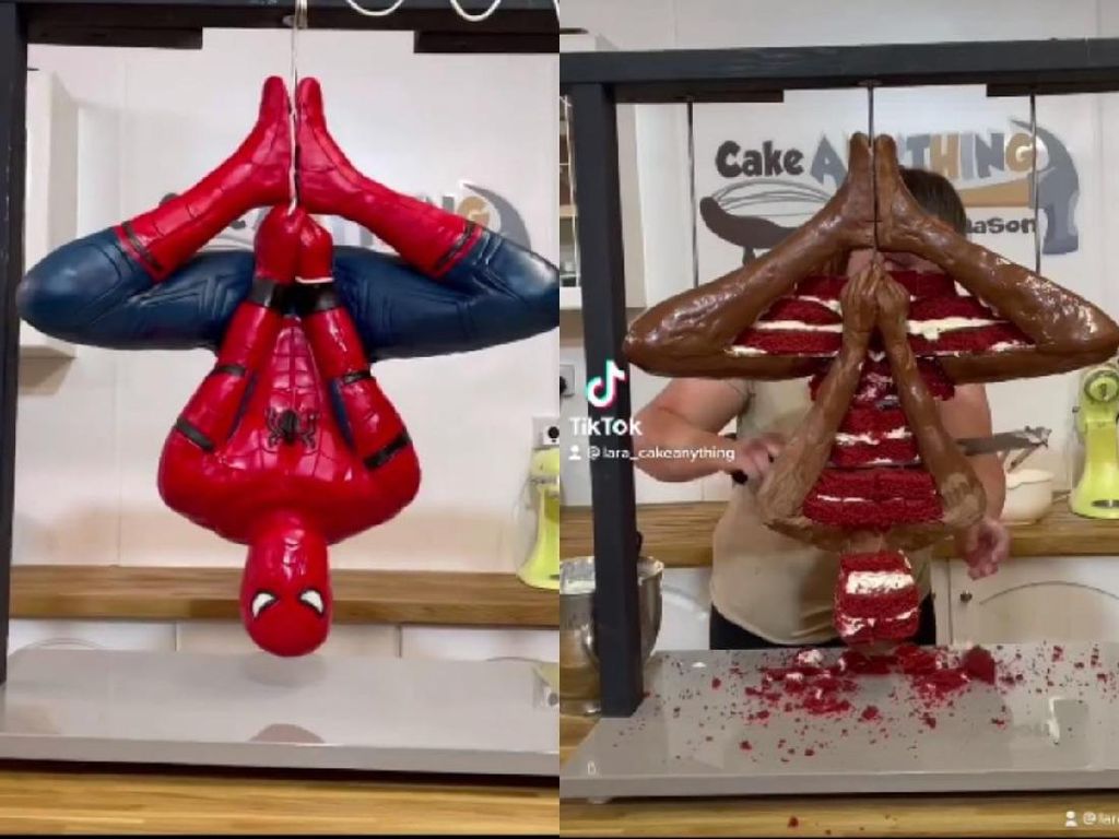 Keren! Wanita Ini Berhasil Bikin Kue Spiderman yang Lagi Gelantungan