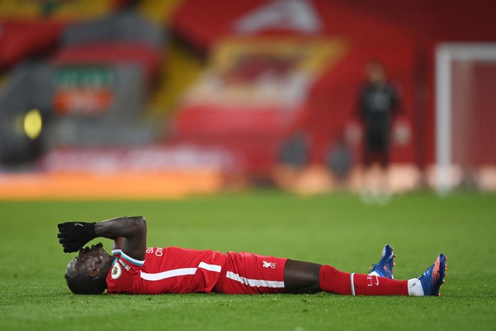 LIVERPOOL, ENGLAND - MARCH 04: Sadio Mane of Liverpool reacts during the Premier League match between Liverpool and Chelsea at Anfield on March 04, 2021 in Liverpool, England. Sporting stadiums around the UK remain under strict restrictions due to the Coronavirus Pandemic as Government social distancing laws prohibit fans inside venues resulting in games being played behind closed doors. (Photo by Laurence Griffiths/Getty Images)