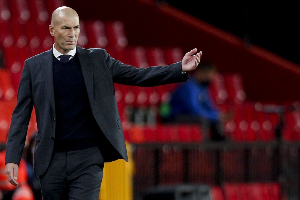 Real Madrid's head coach Zinedine Zidane gestures during the Spanish La Liga soccer match between Granada and Real Madrid at Los Carmenes stadium in Granada, Spain, Thursday, May 13, 2021. (AP Photo/Fermin Rodriguez)