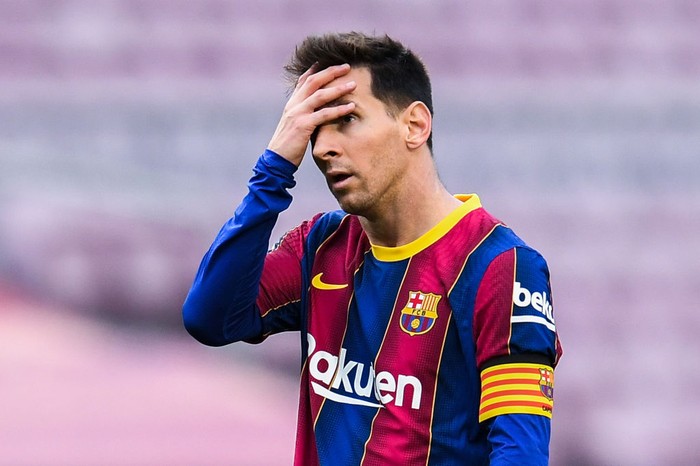 Lionel Messi BARCELONA, SPAIN - MAY 16: Lionel Messi of FC Barcelona shows his dejection during the La Liga Santander match between FC Barcelona and RC Celta at Camp Nou on May 16, 2021 in Barcelona, Spain. Sporting stadiums around Spain remain under strict restrictions due to the Coronavirus Pandemic as Government social distancing laws prohibit fans inside venues resulting in games being played behind closed doors. (Photo by David Ramos/Getty Images)