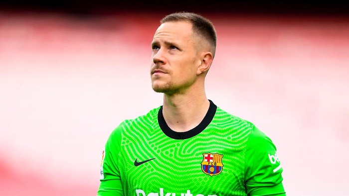 BARCELONA, SPAIN - MAY 16: Marc-Andre ter Stegen of FC Barcelona looks on during the La Liga Santander match between FC Barcelona and RC Celta at Camp Nou on May 16, 2021 in Barcelona, Spain. Sporting stadiums around Spain remain under strict restrictions due to the Coronavirus Pandemic as Government social distancing laws prohibit fans inside venues resulting in games being played behind closed doors. (Photo by David Ramos/Getty Images)