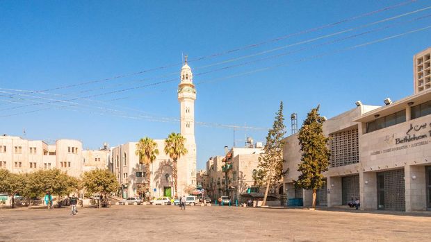 Bethlehem, Israel - July 19, 2008: Mosque of Omar and Bethlehem Peace Center on Manger Square.
