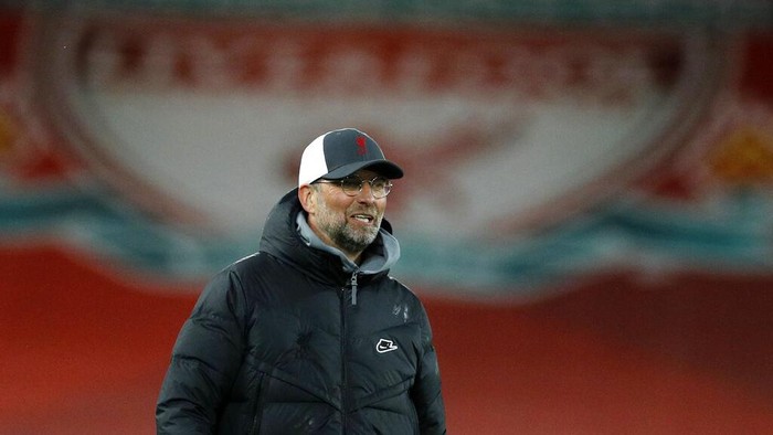 Liverpools manager Jurgen Klopp celebrates at the end of the English Premier League soccer match between Liverpool and Southampton at Anfield stadium in Liverpool, England, Saturday, May 8, 2021. (Phil Noble/Pool via AP)