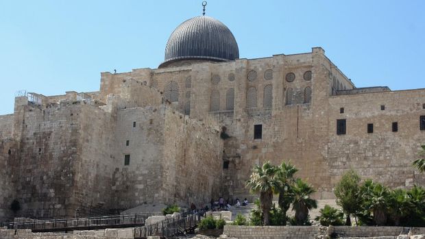Jerusalem, Israel - June 27, 2012: Outside of the southern wall of the Temple Mount and the silver-domed Al-Aqsa Mosque.