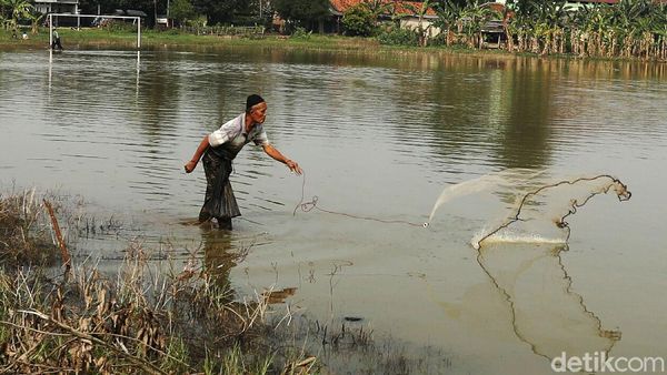 Potret Warga Bekasi Menjala Ikan di Lapangan yang Kebanjiran