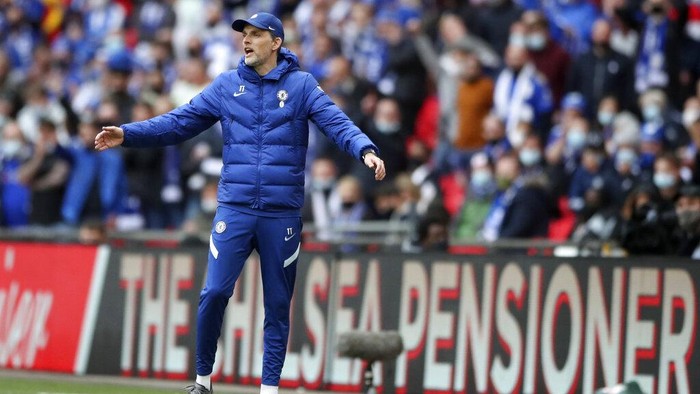 Chelseas head coach Thomas Tuchel reacts during the FA Cup final soccer match between Chelsea and Leicester City at Wembley Stadium in London, England, Saturday, May 15, 2021. (Nick Potts/Pool via AP)