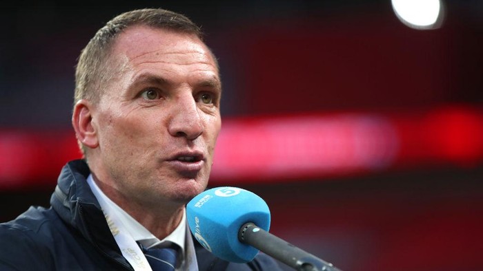 LONDON, ENGLAND - MAY 15: Brendan Rogers, Manager of Leicester City talks to the media following The Emirates FA Cup Final match between Chelsea and Leicester City at Wembley Stadium on May 15, 2021 in London, England. A limited number of around 21,000 fans, subject to a negative lateral flow test, will be allowed inside Wembley Stadium to watch this years FA Cup Final as part of a pilot event to trial the return of large crowds to UK venues. (Photo by Nick Potts - Pool/Getty Images)