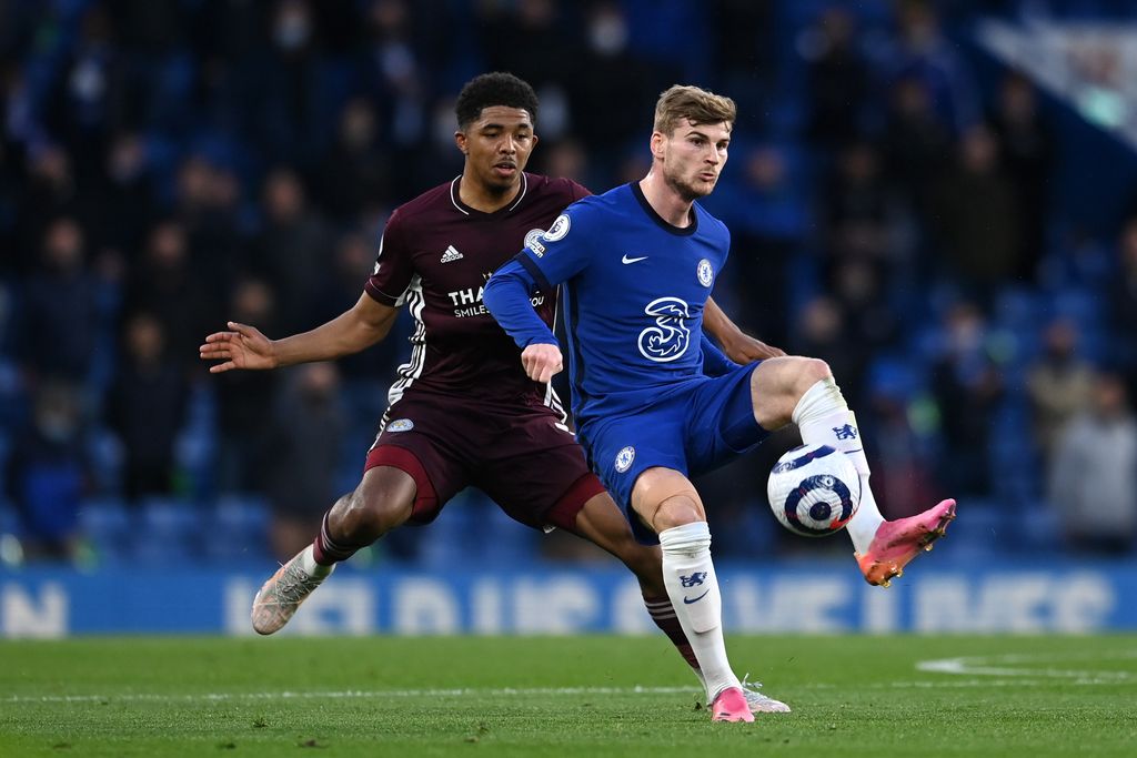 LONDON, ENGLAND - MAY 18: Timo Werner of Chelsea battles for possession with Wesley Fofana of Leicester City during the Premier League match between Chelsea and Leicester City at Stamford Bridge on May 18, 2021 in London, England. A limited number of fans will be allowed into Premier League stadiums as Coronavirus restrictions begin to ease in the UK following the COVID-19 pandemic. (Photo by Glyn Kirk - Pool/Getty Images)