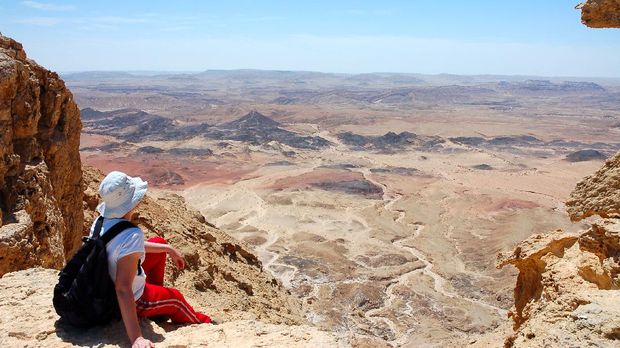Female hiker viewing volcanic landscape in Negev desert, Israel