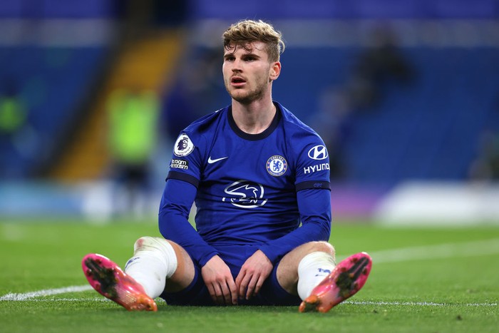 Timo Werner LONDON, ENGLAND - MAY 18: Timo Werner of Chelsea looks on during the Premier League match between Chelsea and Leicester City at Stamford Bridge on May 18, 2021 in London, England. A limited number of fans will be allowed into Premier League stadiums as Coronavirus restrictions begin to ease in the UK following the COVID-19 pandemic. (Photo by Catherine Ivill/Getty Images)