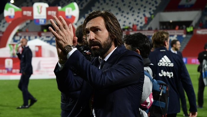 REGGIO NELLEMILIA, ITALY - MAY 19: Andrea Pirlo, Head Coach of Juventus looks on following the TIMVISION Cup Final between Atalanta BC and Juventus on May 19, 2021 in Reggio nellEmilia, Italy. A limited number of fans will be allowed into the stadium as Coronavirus restrictions begin to ease in Italy. (Photo by Marco Rosi/Getty Images for Lega Serie A)