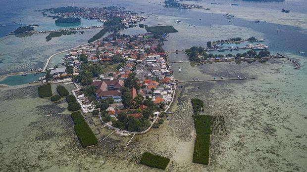 Foto udara Pulau Harapan yang di beberapa titiknya terdapat hutan bakau yang belum lama mulai dirintis warga bersama pemerintah dan sejumlah lembaga di Kabupaten Kepulauan Seribu, DKI Jakarta, Sabtu (22/5/2021). Penanaman bakau oleh Yayasan Kehati dan lembaga Divers Clean Action (DCA) di Pulau Harapan tersebut menjadi bagian dari rangkaian kegiatan Hari Keanekaragaman Hayati Sedunia sekaligus sebagai kampanye pelestarian hutan bakau (mangrove) sebagai pelindung kawasan pesisir dan habitat bagi aneka ragam hayati. ANTARA FOTO/Aditya Pradana Putra/wsj.