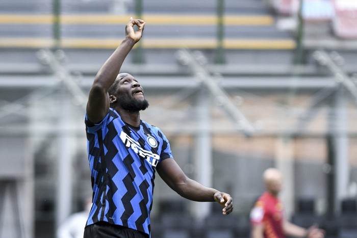 Inter Milans Romelo Lukaku celebrates after scoring during the Serie A soccer match between Inter and Udinese, at the San Siro stadium in Milan, Italy, Sunday, May 23, 2021. Inter won its first Serie A title in 11 years this month. (Piero Cruciatti/LaPresse via AP)