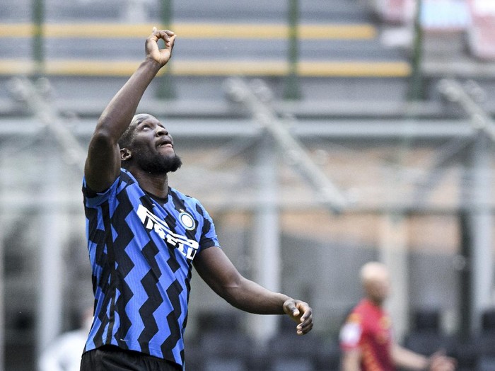 Inter Milan's Romelo Lukaku celebrates after scoring during the Serie A soccer match between Inter and Udinese, at the San Siro stadium in Milan, Italy, Sunday, May 23, 2021. Inter won its first Serie A title in 11 years this month. (Piero Cruciatti/LaPresse via AP)