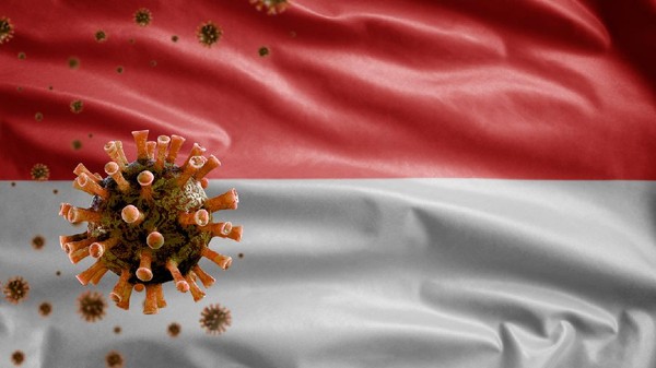 Indonesian flag waving and Coronavirus 2019 nCov concept. Asian outbreak in Indonesia, coronaviruses influenza as dangerous flu strain cases as a pandemic. Microscope virus Covid19 close up.