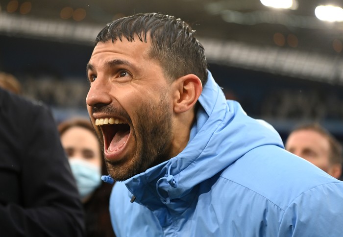 MANCHESTER, ENGLAND - MAY 23: Sergio Aguero of Manchester City reacts as tributes are paid to him as he plays his last game for Manchester City following the Premier League match between Manchester City and Everton at Etihad Stadium on May 23, 2021 in Manchester, England. A limited number of fans will be allowed into Premier League stadiums as Coronavirus restrictions begin to ease in the UK. (Photo by Michael Regan/Getty Images)