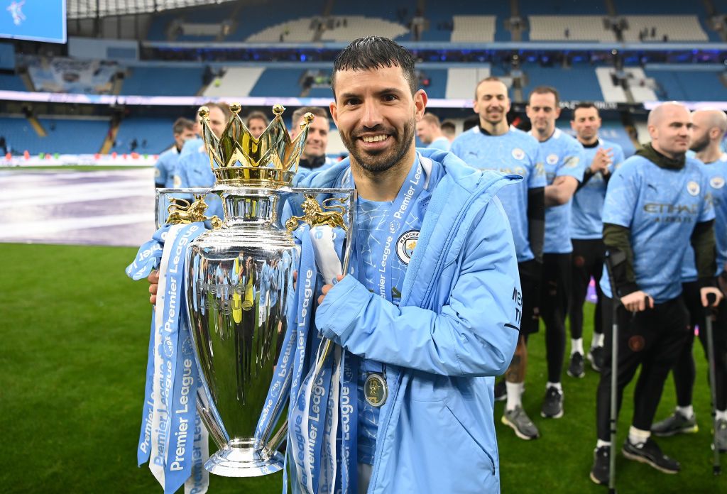 MANCHESTER, ENGLAND - MAY 23: Sergio Aguero of Manchester City celebrates after scoring his team's fifth goal during the Premier League match between Manchester City and Everton at Etihad Stadium on May 23, 2021 in Manchester, England. A limited number of fans will be allowed into Premier League stadiums as Coronavirus restrictions begin to ease in the UK. (Photo by Michael Regan/Getty Images)